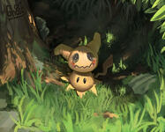 An illustration of the Pokémon Mimikyu as if discovered from a first-person perspective.