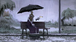 An illustration of the character Kinger from The Amazing Digital Circus. Implied storytelling based on environment and action.